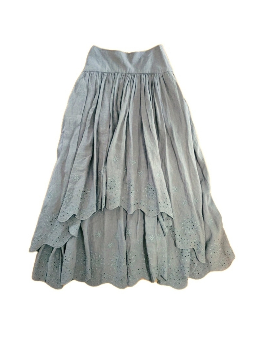 NWOT Festival Linen Flowy High Low Eyelet Scalloped Hem Maxi Olive Green Skirt S